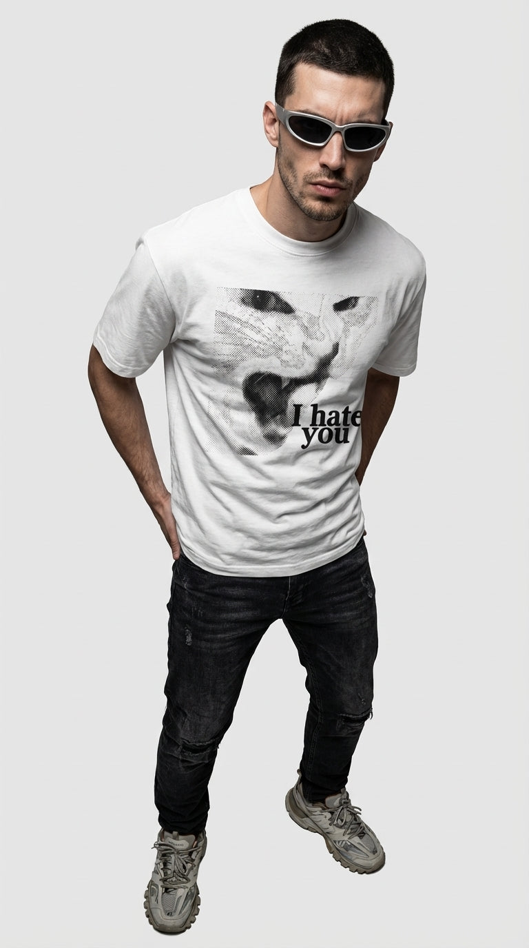 Angry Cat Oversize Beyaz T-Shirt
