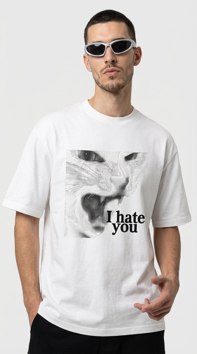 Angry Cat Oversize Beyaz T-Shirt