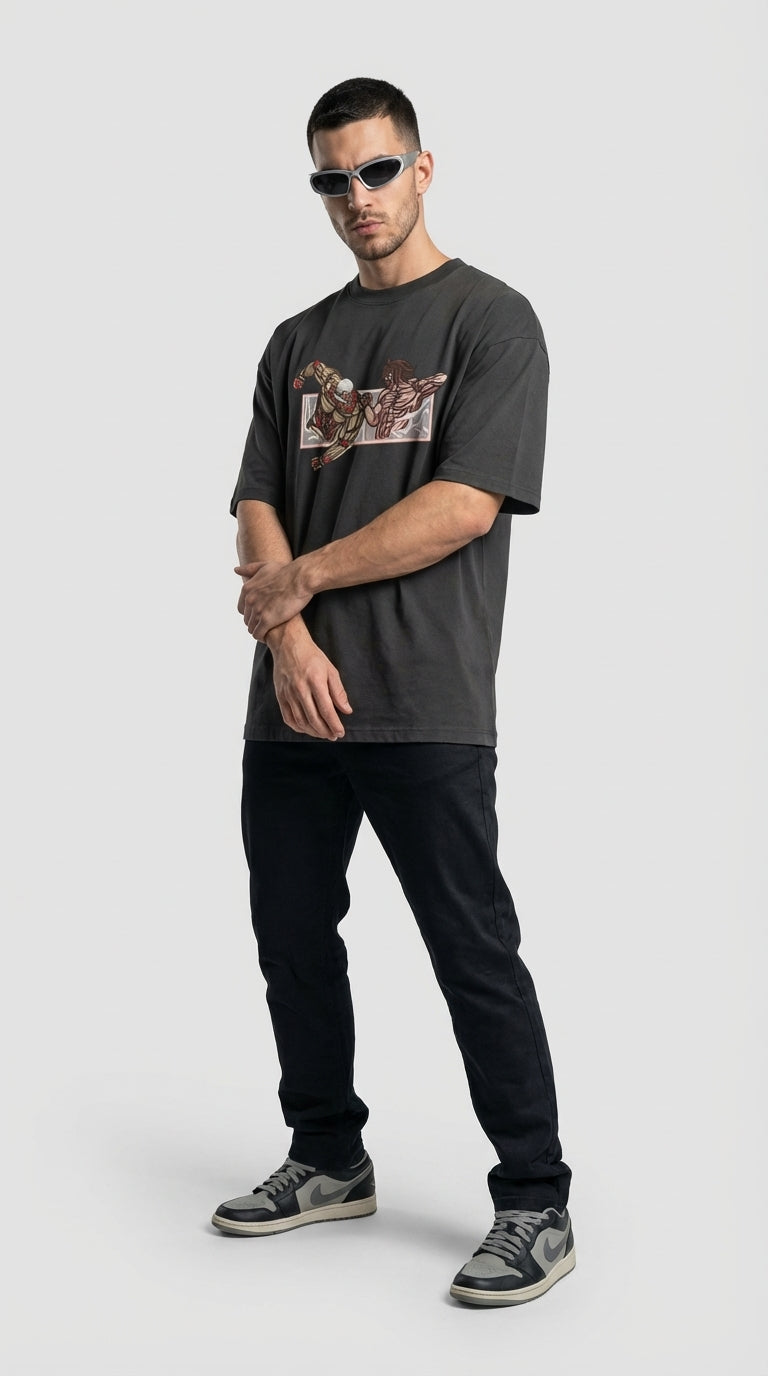 Anime Attack on Titan Nakış İşlemeli Oversized T-Shirt