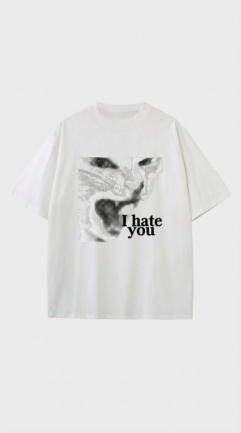 Angry Cat Oversize Beyaz T-Shirt