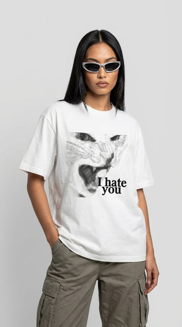 Angry Cat Oversize Beyaz T-Shirt
