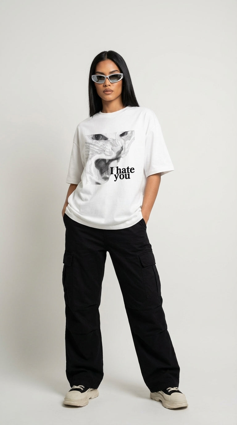 Angry Cat Oversize Beyaz T-Shirt