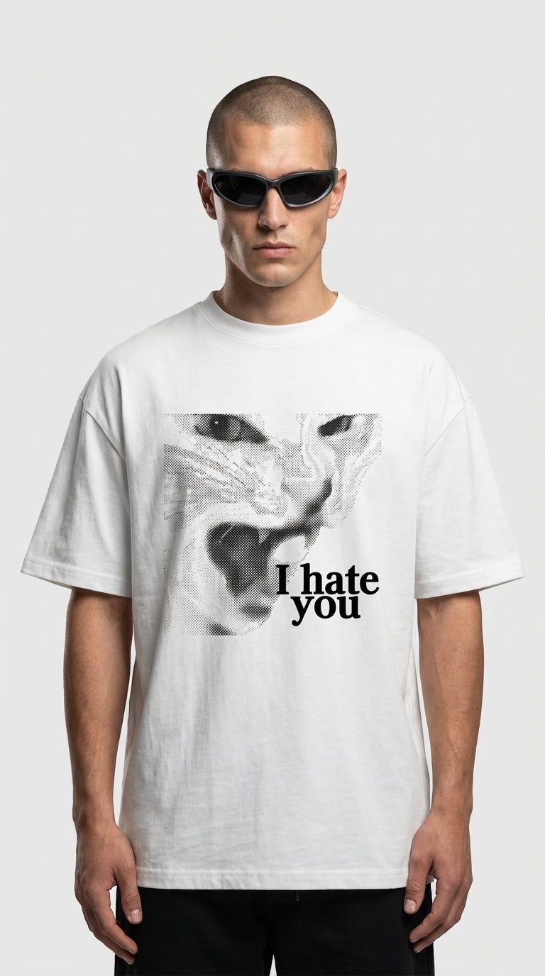 Angry Cat Oversize Beyaz T-Shirt