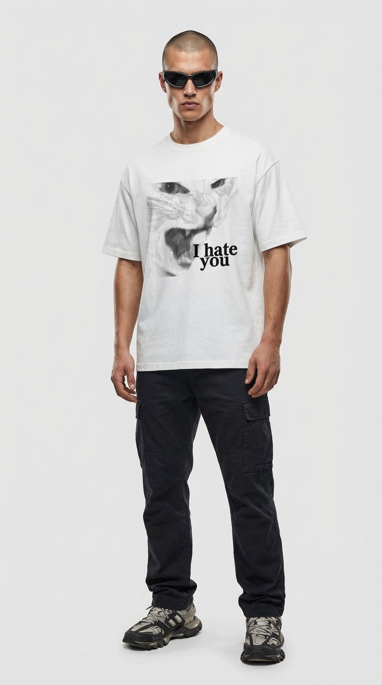Angry Cat Oversize Beyaz T-Shirt