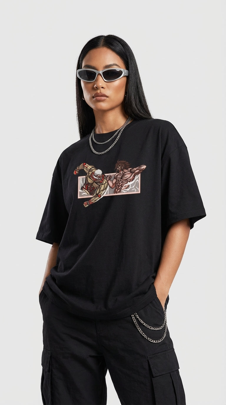 Anime Attack on Titan Nakış İşlemeli Oversized T-Shirt